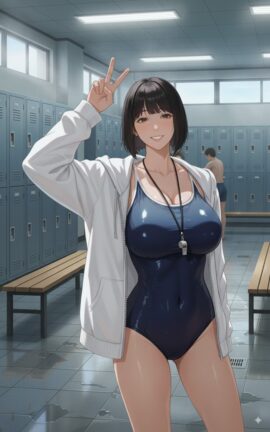 a woman in a swimsuit standing in a locker room