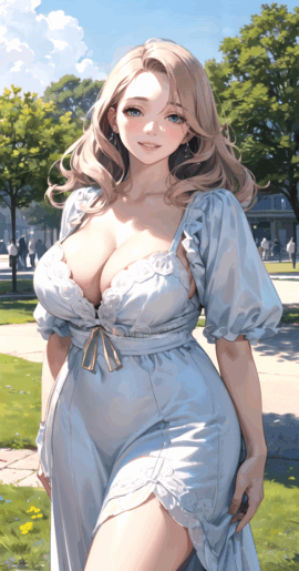 a woman in a dress standing on a sidewalk