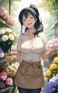 白シャツの彼女、花景色と静けさを分け合う午後